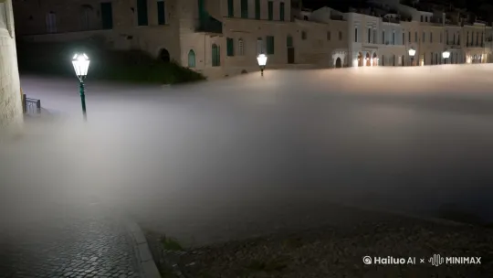 夜幕降临，这座海边小镇被一层淡淡的雾气笼罩。昏黄的路灯一盏盏亮起，沿着蜿蜒的街道延伸。                                            
远处的大海在夜色中泛着微光，海浪轻轻拍打着沙滩，发出有节奏的声响，像是小镇的呼吸。 by Hailuo AI Video Generator