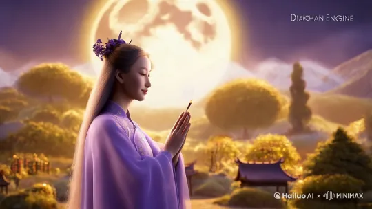 超现实，貂蝉，焚香拜月。正面看向镜头。淡紫色和金色。写实摄影风格、奇幻艺术美学、电影灯光、中国怪诞美学、浪漫风景、细线条、虚幻引擎渲染、空灵渲染、仙境背景、自然光，8K，精致的细节，美丽的灯光效果，梦幻引擎， by Hailuo AI Video Generator