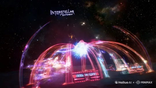 星际穿越之门，是散发着暗物质光晕与等离子体电弧的宇宙通道，交织着宇宙弦与量子能量流，引发引力畸变，作为多维空间跃迁、超光速入口与跨星系传送的未来科技跃迁装置，被星尘环绕，呈现出脉冲光矩阵与反物质屏障的虫洞界面 。 by Hailuo AI Video Generator