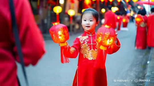 一个小女孩，穿着红色的唐装，提着两个红灯笼，给大家拜年，祝大家蛇年吉祥！ by Hailuo AI Video Generator