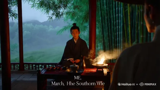 南方的三月里，小雨淅淅沥沥打在窗外的竹林，雾蒙蒙的，少年的我坐在亭子的窗，茶桌上煮着茶，灯光微亮，点燃一炉香薰，香烟云雾缭绕，我此刻想起过往种种，不由得思绪万千！ by Hailuo AI Video Generator