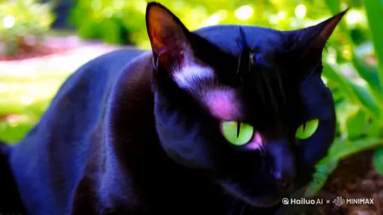 一只有绿色大眼睛的小黑猫打哈欠，小黑猫头顶停了一只蓝色的蝴蝶 by Hailuo AI Video Generator