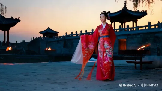华灯初上，光晕流转，于古色古香的亭台水榭旁，一位身着古风汉服的女子翩然而至。她的衣衫如天边流霞，轻柔的面料上绣着繁复精致的花纹，随着她的动作轻轻摆动，似有繁花在风中摇曳生姿。
 
女子莲步轻移，身姿婀娜，恰似春日里随风舞动的柳枝，柔软而又灵动。她的腰肢不盈一握，如弱柳扶风，每一次转身，都带着千般婉转、万种风情。宽大的衣袖如行云流水，在她的舞动间舒卷开合，时而如惊鸿展翅，时而似游龙摆尾，带着水墨丹青般的韵味。 by Hailuo AI Video Generator