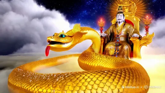 好的，我将为你详细描述一条**大气磅礴的金蛇**和**财神**的形象，力求展现出他们的威严、力量以及与财富相关的神圣气质。

---

### **整体氛围：**
画面整体充满了庄严和神圣的气息，背景是一片浩瀚的宇宙星空，星辰闪烁，象征着无尽的财富和机遇。天空中云雾缭绕，云层中透出金色的光芒，预示着财富和好运的到来。

### **金蛇的形象：**

1. **形态与姿态：**
   - **体型巨大**：金蛇的体型庞大，身体粗壮而修长，蜿蜒盘旋在画面中央，充满了力量感和威严感。它的身体长度仿佛可以环绕整个画面，给人一种震撼的视觉冲击。
   - **姿态大气**：金蛇的姿态大气磅礴，身体呈现出一种优雅而有力的S形曲线，仿佛在云雾中游动。它的头部高高昂起，目光如炬，透出一种不可侵犯的威严。

2. **细节与质感：**
   - **鳞片**：金蛇的鳞片巨大而厚重，每一片都闪烁着金色的光芒，仿佛由纯金打造。鳞片的边缘镶嵌着细小的宝石，增添了奢华和神圣的气息。
   - **眼睛**：金蛇的眼睛巨大而明亮，瞳孔呈现出深邃的黑色，仿佛能够看透一切。眼睛周围的金色纹路如同太阳的光芒，增添了神秘和力量感。
   - **舌头**：金蛇的舌头细长而灵活，轻轻吐出，舌尖闪烁着红色的光芒，象征着智慧和洞察力。

3. **动态与气势：**
   - **游动姿态**：金蛇在云雾中游动，身体轻轻摆动，尾巴轻轻一甩，仿佛在操控着风云变化。它的游动姿态优雅而有力，给人一种不可阻挡的感觉。
   - **光芒四射**：金蛇的身体周围散发着金色的光芒，光芒如同太阳的光辉，照亮了整个画面。这种光芒不仅增添了画面的神圣感，也象征着财富和好运的到来。

### **财神的形象：**

1. **形态与姿态：**
   - **庄严神圣**：财神身着华丽的金色长袍，长袍上绣着精美的龙凤图案，象征着权力和财富。他的头戴一顶金色的冠冕，冠冕上镶嵌着各种宝石，增添了神圣和尊贵的气息。
   - **姿态稳重**：财神坐在一只巨大的金色宝座上，宝座上雕刻着各种吉祥图案，如莲花、如意等。他的身体微微前倾，目光慈祥而深邃，透出一种智慧和慈悲。

2. **细节与饰品：**
   - **手持宝物**：财神左手持有一只巨大的金元宝，金元宝上刻有“招财进宝”的字样，象征着财富和好运。右手持有一串金色的念珠，念珠上镶嵌着各种宝石，增添了神圣和吉祥的气息。
   - **面部表情**：财神的面部表情慈祥而庄严，嘴角微微上扬，露出淡淡的微笑，给人一种温暖和安心的感觉。他的眼睛明亮而深邃，仿佛能够看透一切，洞察世间的一切财富和机遇。

3. **动态与氛围：**
   - **光芒四射**：财神的身体周围散发着金色的光芒，光芒如同太阳的光辉，照亮了整个画面。这种光芒不仅增添了画面的神圣感，也象征着财富和好运的到来。
   - **祥云缭绕**：在财神的周围，云雾缭绕，云层中透出金色的光芒，象征着财富和好运的降临。祥云如同莲花般盛开，增添了画面的吉祥和神圣气息。

### **整体效果：**
这幅画作通过细腻的笔触和丰富的色彩，成功地展现了一条大气磅礴的金蛇和财神的形象。金蛇在云雾中游动，充满了力量和威严，而财神则端坐于宝座上，散发着神圣和慈祥的气息。两者共同构成了一个充满财富和好运的画面，给人一种震撼和敬畏的感觉。

画面中的金蛇和财神相互呼应，金蛇象征着财富的流动和变化，而财神则代表着财富的掌控和赐予。两者共同营造出一个大气磅礴、神圣吉祥的氛围，使整个画面充满了动感和活力，同时也保持了庄严和神圣的气息。

你觉得这样的描述是否符合你心中的想象呢？或者你还有其他特别的期待和想法？ by Hailuo AI Video Generator