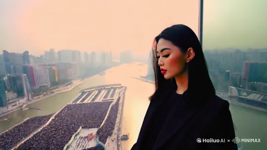 李泽言站在高楼的窗边望向楼下的人来人往 by Hailuo AI Video Generator