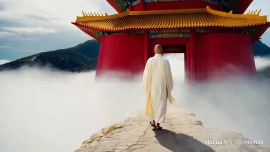 帮我生成一张图片：帮我生成一张图片：帮我生成一张图片：在一座高耸入云、被白色云雾缭绕的山顶，一个威武帅气和尚的背影孤独而坚定地矗立着。

那和尚身着白色的僧袍，在山风的吹拂下微微飘动。他的身影在朦胧的云雾中若隐若现，仿佛与这天地融为一体。

山顶之上，一座红色的庙宇醒目地屹立着。庙宇的红墙在白色云雾的映衬下，显得格外鲜艳而庄重。金色的飞檐翘起，宛如要刺破云霄。

和尚一步一步向前走去，每一步都带着沉稳与虔诚。云雾在他身边流淌，仿佛是天地间的灵气都在围绕着他。

阳光透过云层的缝隙洒下，照亮了和尚前行的道路，也为那座红色庙宇增添了一层神圣的光辉。他的背影渐行渐远，最终融入了庙宇的大门，仿佛去追寻那内心深处的宁静与解脱。图片风格为写真，比例 3:2。图片风格为CG 厚涂，比例 2:3。图片风格为CG 厚涂，比例 2:3。 by Hailuo AI Video Generator