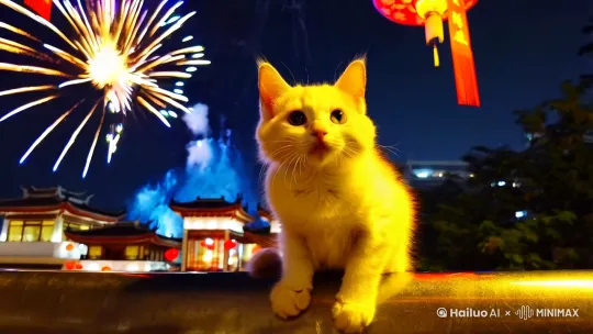 小猫在新年看烟花盛开 by Hailuo AI Video Generator