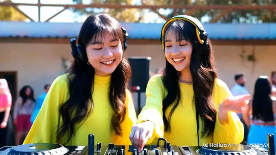 The identical twin sisters DJ and dance to the music in the DJ booth. by Hailuo AI Video Generator