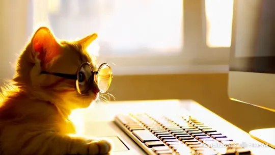 一个黄色小奶猫戴着眼镜，身边有一台电脑，面相镜头介绍AI的基本用途，阳光透过窗户照在电脑上 by Hailuo AI Video Generator
