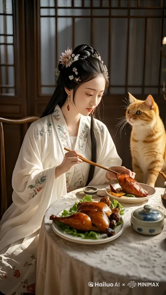 林黛玉和橘猫打起来，互相拳打脚踢打得很激烈 by Hailuo AI Video Generator