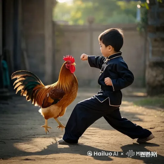 孩子和鸡打架，打的轰轰烈烈 by Hailuo AI Video Generator