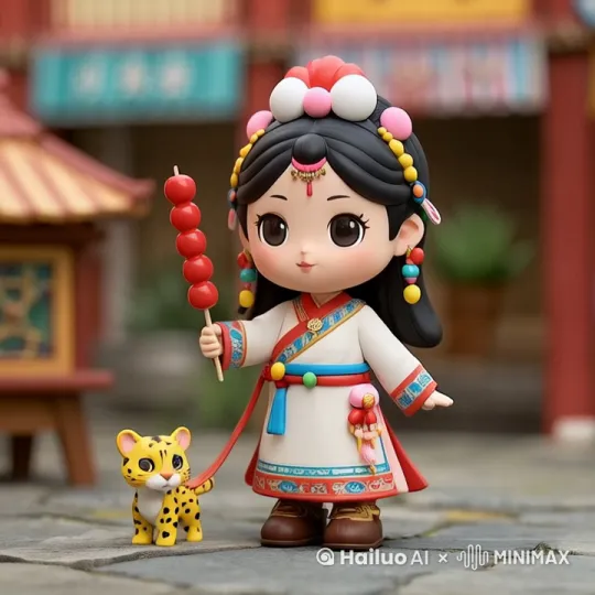 小女孩吃着糖葫芦，嘴里自言自语，小花豹蹦蹦跳跳跑出屏幕，整体运镜由近至远， by Hailuo AI Video Generator