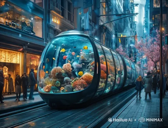 一辆海洋列车，缓缓驶过城市的街道 by Hailuo AI Video Generator