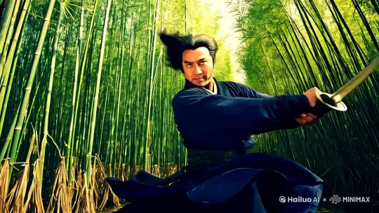 《一笑江湖》
真人武侠电影实景，剑客持剑特写，芦苇荡外景拍摄，360度旋转运镜，升降镜头轨迹，高速甩镜转场，衣袍动态捕捉，发丝狂风飘动，竹叶粒子特效，阴云延时摄影，电影级DollyZoom，暗调水墨滤镜，4K升格慢动作，环绕式立体声，武侠CGI合成，中国风转轴透视，
--ar 9:16（竖屏）  
--speed 0.7（增强运镜张力）  
--zoom 1.2（强化纵深推进感） by Hailuo AI Video Generator