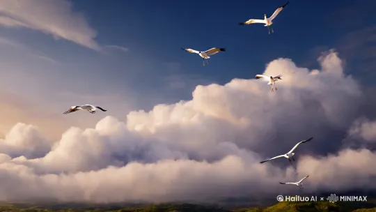 仙侠背景，仙鹤在天空中飞翔。旋转镜头，白云朵朵。 by Hailuo AI Video Generator