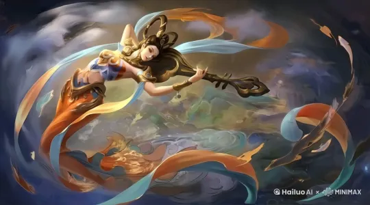 以图片中的敦煌风格飞天女性角色为核心，她轻柔地舒展身姿，手中乐器微微晃动，环绕周身的飘带如灵动的流水般缓缓飘动、翻转，背景中的云雾和光影也随之产生轻柔的动态变化，营造出一种仿若从画中缓缓浮现、极具梦幻感的动态效果。 by Hailuo AI Video Generator