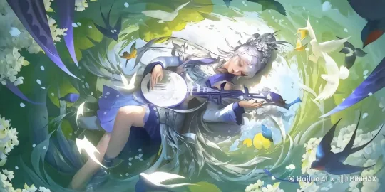 制作一段动态视频，画面起始于画面上方较高位置，以柔和的缓降镜头逐渐拉近至画面中的人物。人物为一名身着精致蓝白色古风服饰、头戴华丽头饰的女子，她正侧卧着怀抱月琴。
 
在动态效果方面，女子的发丝随着微风轻柔飘动，手指有节奏地在月琴上拨弦弹奏，眼眸偶尔轻轻眨动。周围的飞鸟姿态各异，有的展翅高飞，有的低空盘旋，翅膀扇动自然流畅；白色的花瓣和黄色的叶子徐徐飘落，在空气中打着旋儿。
 
背景中的绿叶仿佛被微风拂过，呈现出轻微的摆动效果，营造出一种灵动、诗意的氛围。整体画面光影柔和且有细微变化，如同真实的自然场景中光线的微妙流转。 by Hailuo AI Video Generator