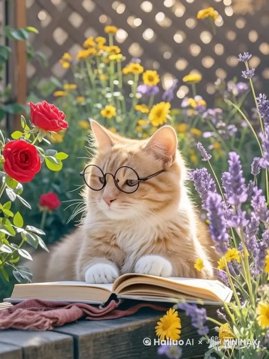 镜头3：特写镜头
画面内容：猫咪合上书本，伸懒腰，跳下长椅，漫步在花园小径上。
备注：捕捉猫咪的动作和花园的细节，增加画面的灵动性。 by Hailuo AI Video Generator