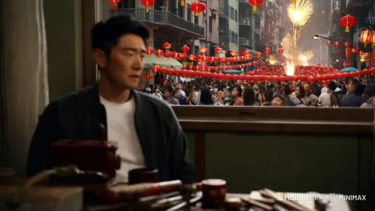 过年了，很多的人都开开心心的，只有男主一个人在外打拼，可依旧一无所获，只能幻想着 by Hailuo AI Video Generator