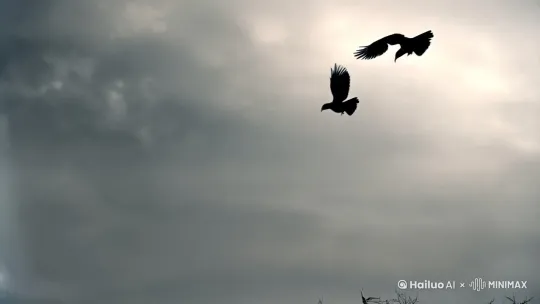 镜头从昏暗的下着小雨的多云的天空开始，三只乌鸦从画面右侧入画并向下飞去，镜头跟随乌鸦的移动向下下降，穿过一片没有叶子的枯树，镜头下降到一个男人的背影，他站在一匹装备马具的马旁边拿东西，男人背后交叉背负两把剑，剑柄缠绕皮革，剑身刻有符文，他带着兜帽，穿的盔甲是由多层皮革、锁子甲和金属护板组合而成。周围环境昏暗，飘着薄雾。画面风格偏粗粝写实风 by Hailuo AI Video Generator
