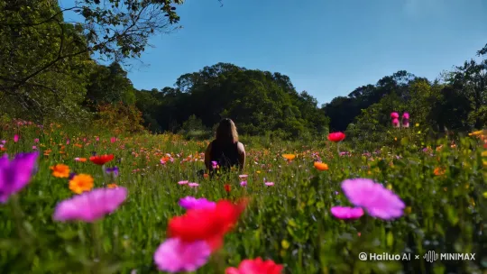 在一个美丽的存满鲜花蓝蓝天空的森林中 by Hailuo AI Video Generator