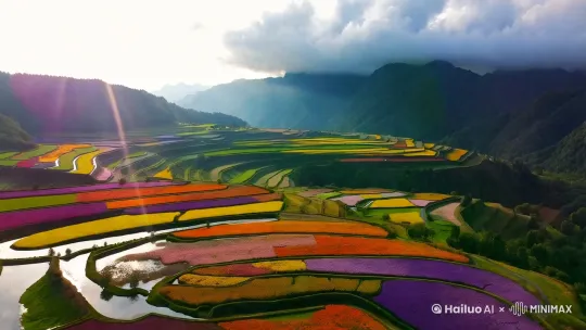 "Ultra-high-altitude drone photography of terraced flower fields in Yunnan, China,  
**Drone Specs:** DJI Mavic 3 Pro with Hasselblad camera, 4/3 CMOS sensor, 24mm equivalent focal length,  
**Lighting:** Early morning sunlight with 20% mist layer, creating a soft glow over the fields,  
**Key Elements:**  
- Expansive view of spiral-shaped terraces filled with vibrant flowers (poppies, lavender, canola)  
- Thin water layers reflecting the sky, forming mirror-like patterns across the terraces  
- Distant mountain range partially covered by low-hanging clouds  
- Subtle motion blur on flower petals caused by gentle breeze  
**Color Grading:**  
Fujifilm Velvia film simulation,  
Enhanced saturation for flower colors + cool-toned shadows for depth,  
**Atmosphere:**  
Epic scale composition with a sense of vastness and tranquility,  
Slight lens flare from the rising sun to add a dreamy touch"，9:16. by Hailuo AI Video Generator