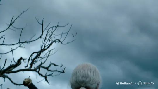 镜头从昏暗的多云的天空开始，随后镜头下降穿过一片没有叶子的枯树，镜头下降到一个男人的背影，他站在一匹装备马具的马旁边，马正侧对着男人，男人眼睛看着马鞍袋，双手放进马鞍袋里，男人背后交叉背负两把长剑，两把剑样式不同，一把通体呈现冷冽的银白色，剑刃常带有淡蓝或淡紫色反光，剑身刻满古代符文；另一把剑呈现暗灰色或铁黑色，表面常有战损划痕和血锈，护手多为方形或T字形，两把剑剑鞘都通过皮质绑带固定。男人穿着外罩深棕色皮革胸甲，肩部与肘部镶嵌哑光金属护板，腰部用皮带交叉固定，皮革表面布满划痕、污渍和修补痕迹，金属部件氧化发黑，毫无华丽装饰，强调实用主义，男人常扎成松散的低马尾，白色头发，皮肤苍白。周围环境昏暗，飘着薄雾，画面风格偏粗粝写实风 by Hailuo AI Video Generator