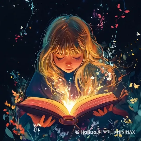 一个充满魔幻感画面，一位漂亮的小女孩在看书，从书中慢慢飘出会发光的植物、字、花、蝴蝶，令小女孩惊喜万分。 by Hailuo AI Video Generator