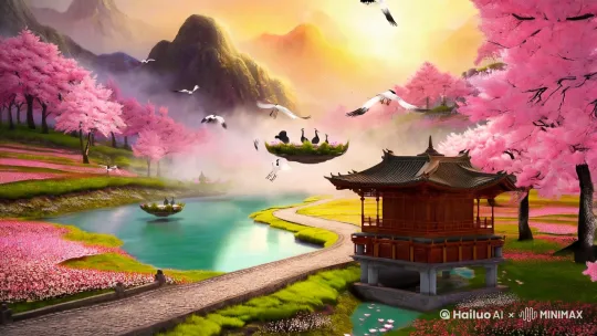 画面关键词：**
Serene utopia, traditional Chinese ink painting style, ethereal mist over mountains, peach blossom forest with falling petals, crystal-clear meandering stream, ancient wooden pavilion with curved eaves, cobblestone path through flower fields, floating lotus pond, distant waterfall cascading into clouds, cranes flying through golden sunrise light, warm pastel color palette with soft pinks and jade greens, intricate ink wash textures, subtle paper texture overlay, wuxia fantasy atmosphere, dreamlike composition with layered depth

**优化亮点：**
1. 加入水墨笔触质感（ink wash textures）和宣纸纹理（paper texture）强化国风
2. 用"golden sunrise light"创造光影层次
3. "wuxia fantasy"关键词激发武侠仙侠联想
4. "layered depth"增强画面纵深感
5. 色彩指定pastel palette保持整体柔和

**提示：** 可添加 "--niji 5 --style scenic" 后缀启用动漫风格渲染，或添加 "--style raw" 获得更写实的传统水墨效果。根据测试，加入[floating islands][glowing fireflies]等奇幻元素能显著提升画面灵气。 by Hailuo AI Video Generator