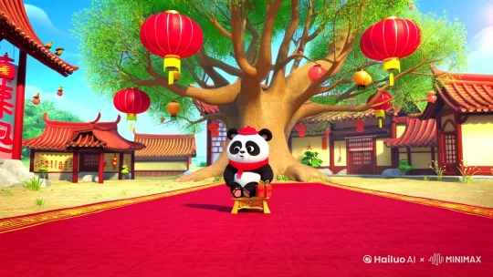 在中国传统的新年佳节，阳光温暖的清晨，镜头缓缓推进一个充满节日气氛的农家小院。院子中央是一棵挂满红灯笼和春联的大树，树下铺满了红色的地毯，空气中弥漫着鞭炮燃放后的硝烟香。画面中央是一只圆滚滚的熊猫宝宝，它正坐在一个装饰精美的小板凳上。熊猫宝宝的黑白毛发在阳光下闪闪发亮，圆溜溜的大眼睛好奇地打量着周围的一切。它的黑眼圈让它显得格外萌态十足，粉嫩的鼻子微微颤动。

熊猫宝宝穿着一件红色的小围巾和一顶带有金色花纹的小帽子，显得格外喜庆。它的爪子里紧紧抱着一个红色的小礼物盒，盒子上系着金色的丝带。突然，熊猫宝宝发现了镜头的存在！它眨了眨眼睛，露出一个温暖而友好的微笑。接着，它轻轻地挥动爪子，仿佛在向观众打招呼：“新年好呀！”它的动作既可爱又俏皮，让人忍不住想要和它互动。

背景中，几只小鸟在枝头叽叽喳喳地唱着歌，偶尔有一两片树叶轻轻飘落。院子的角落里，一串红色的鞭炮正冒着烟，旁边摆放着一盆盛开的梅花。镜头从熊猫宝宝的全身缓缓推近到它的脸部特写，捕捉到它那充满灵气的眼神和微微上扬的嘴角。最后，熊猫宝宝转过头，用爪子轻轻摸了摸自己的脸颊，仿佛在害羞地回应观众的热情。 by Hailuo AI Video Generator