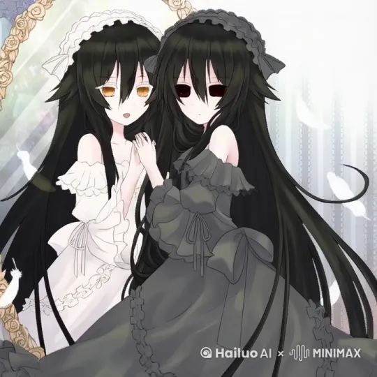 镜子中的白衣少女微笑着拥抱镜子外面的黑衣少女 by Hailuo AI Video Generator