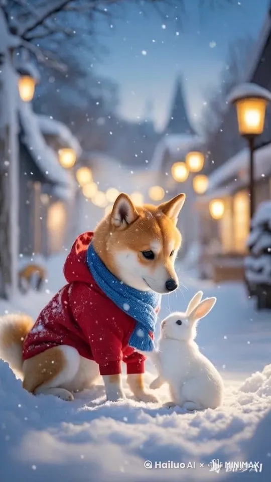 拟人化柴犬爱怜的摸摸小兔子的头，然后把小兔子抱了起来 by Hailuo AI Video Generator