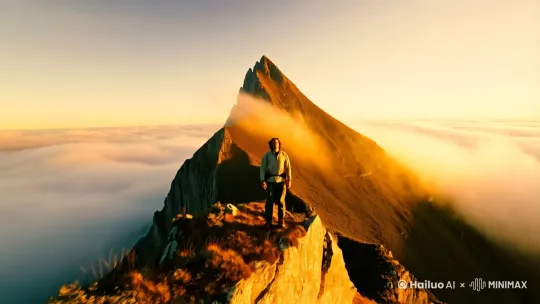 以一个从远及近的推镜头起势，画面中是一座高耸入云的巍峨山峰，山巅之上云雾缭绕，如轻纱般在峰林间肆意穿梭。金色的阳光奋力从厚厚的云层缝隙中穿透而下，像一道道金色的利剑，照亮了这片雄伟壮丽的景色，给每一处岩石和植被都勾勒出了一层金边。镜头逐渐推进，一位身着轻便户外装的旅行者稳稳地站在山巅，他的头发被呼啸的山风吹得极为凌乱，发丝肆意飞舞 ，脸上带着历经长途跋涉后的疲惫，可那明亮的双眸中却难掩兴奋的光芒。他先是缓缓地张开双臂，胸腔大幅度地起伏，深深地呼吸着山顶那沁人心脾的清新空气，似乎想要把这山顶独有的气息都融入身体。随后，他以极为缓慢的动作缓缓转身，面向那炽热又温暖的阳光，嘴角一点点地上扬，露出一个灿烂而满足的笑容，阳光温柔地洒在他的脸庞，将他脸上因汗水而微微反光的细小绒毛都清晰映照出来，精准地勾勒出他坚毅的轮廓，就连脸上的汗珠都闪烁着金色的光芒，折射出周围的云海与山峰。紧接着切换至特写镜头，能清晰看到他眼中闪烁的光芒，那是历经艰辛后看到美景的感动与满足，笑容里满满的幸福也溢于言表，嘴角的弧度、脸上的笑纹都展现得淋漓尽致。整个画面洋溢着自由、喜悦与征服的氛围，呈现出电影级写实风格，每一帧都力求真实还原山巅的壮美与旅行者的心境。 by Hailuo AI Video Generator