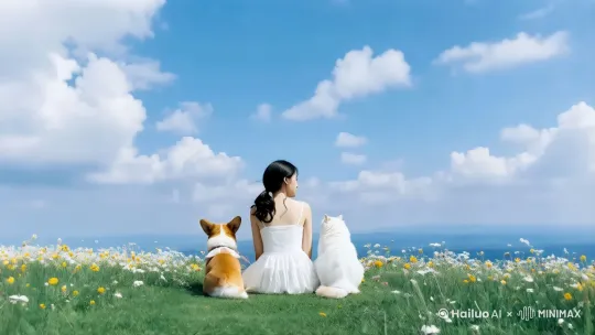 人物和宠物保持静止，镜头慢慢向后推，女人头看向前方，夏天的和风吹动着女人的秀发 by Hailuo AI Video Generator
