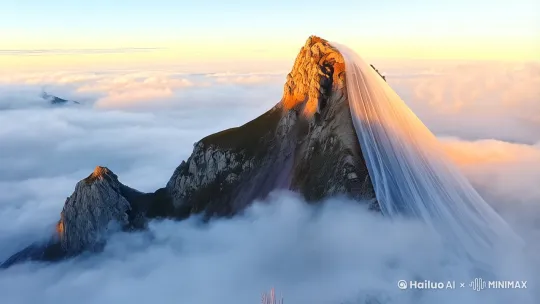 右环移镜头，画面中是一座高耸入云的巍峨山峰，山巅之上云雾缭绕，如轻纱般在峰林间肆意穿梭。柔和的阳光从厚厚的云层缝隙中穿透而下，像一道道金色的利剑，照亮了这片雄伟壮丽的景色，给每一处岩石和植被都勾勒出了一层金边。镜头逐渐推进，一位身着轻便户外装的旅行者稳稳地站在山巅，他的头发被呼啸的山风吹得极为凌乱，发丝肆意飞舞 ，脸上带着历经长途跋涉后的疲惫，可那明亮的双眸中却难掩兴奋的光芒。他先是缓缓地张开双臂，胸腔大幅度地起伏，深深地呼吸着山顶那沁人心脾的清新空气，似乎想要把这山顶独有的气息都融入身体。随后，他以极为缓慢的动作缓缓转身，面向那炽热又温暖的阳光，嘴角一点点地上扬，露出一个灿烂而满足的笑容，阳光温柔地洒在他的脸庞，将他脸上因汗水而微微反光的细小绒毛都清晰映照出来，精准地勾勒出他坚毅的轮廓，就连脸上的汗珠都闪烁着金色的光芒，折射出周围的云海与山峰。紧接着切换至特写镜头，能清晰看到他眼中闪烁的光芒，那是历经艰辛后看到美景的感动与满足，笑容里满满的幸福也溢于言表，嘴角的弧度、脸上的笑纹都展现得淋漓尽致。整个画面洋溢着自由、喜悦与征服的氛围，呈现出电影级写实风格，每一帧都力求真实还原山巅的壮美与旅行者的心境。 by Hailuo AI Video Generator
