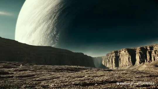 巨大摄影,低角度仰拍,科幻风格,天空中有个巨大的星球,一身科幻装备的人物从近处入画,缓慢走在荒芜的碎石地上,不远处是一个峡谷,峡谷中正有一只巨大的怪物缓缓站起,不寒而栗的压迫感!高清电影画质32K。 by Hailuo AI Video Generator