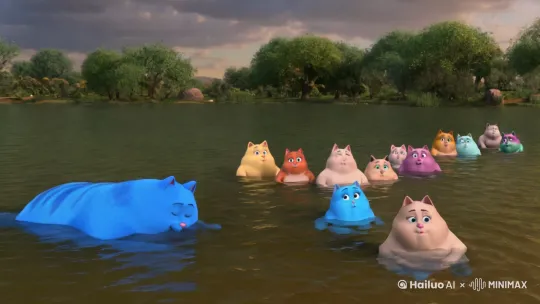 五颜六色的胖猫在河里泡澡，其中蓝色的胖猫体型最大最胖 by Hailuo AI Video Generator