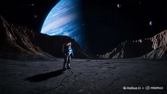 在一个荒芜的外星星球上，宇航员孤独地站在坚硬的地面上。四周是死寂的黑暗，除了他所在位置周围微弱的光线，几乎没有任何可见的光源。地面上布满了裂缝和岩石，显示出这个星球曾经经历过猛烈的天灾。远处，悬崖峭壁突兀地耸立着，岩石表面被岁月的风蚀和外界的冲击打磨得光滑又崎岖，仿佛是一些自然的雕塑。

天空中，一颗巨大的行星悬浮着，给这片荒凉的星球增添了几分神秘和压迫感。它的表面布满了细腻的纹理和巨大的气旋，散发出微弱的蓝光，照亮了这个荒芜的星球的一部分。行星的规模让人感到震撼，仿佛整个星空都被这颗行星的存在所主宰。远处可以看到几颗小型的星体漂浮着，静静地观察着这一切。

宇航员穿着沉重的太空服，面罩上的反光镜映射着行星的光辉。脚下的地面不稳定，他的步伐小心翼翼，避免着突然塌陷的岩层。宇航员的目光凝视着前方的悬崖，仿佛在思考着接下来该如何应对这个陌生的世界。他的孤独与无助与周围的荒芜形成鲜明对比。

这样的场景充满了孤独、神秘和未知的气息，营造出了一种被未知宇宙深邃包围的感觉。 by Hailuo AI Video Generator
