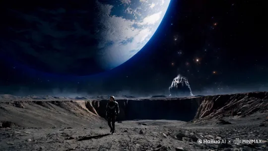 巨大摄影，低角度仰拍，科幻风格，天空中有个巨大的星球，一身科幻装备的人物从近处入画，缓慢走在荒芜的碎石地上，不远处是一个峡谷，峡谷中正有一只巨大的怪物缓缓站起，不寒而栗的压迫感！高清电影画质32K。 by Hailuo AI Video Generator