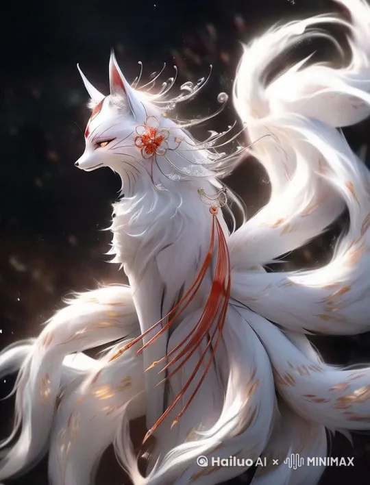 图中九尾狐缓缓走到屏幕中间，头环视四周，之后仰头啼鸣 by Hailuo AI Video Generator