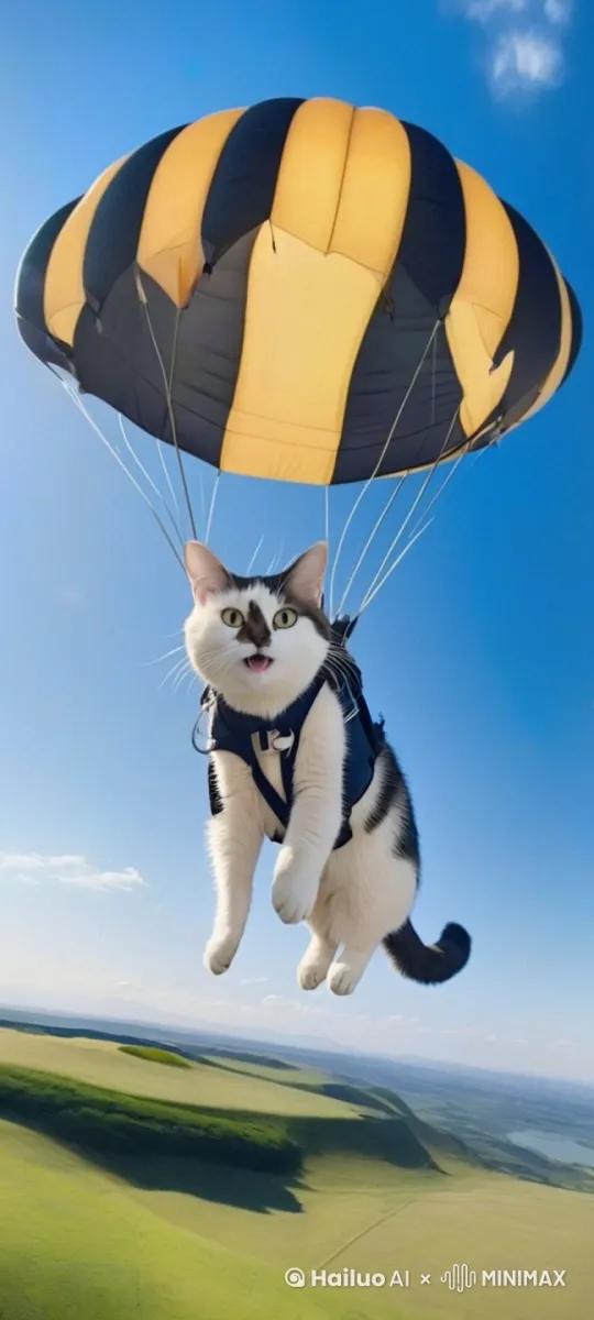猫咪跳伞，慢慢降落。 by Hailuo AI Video Generator