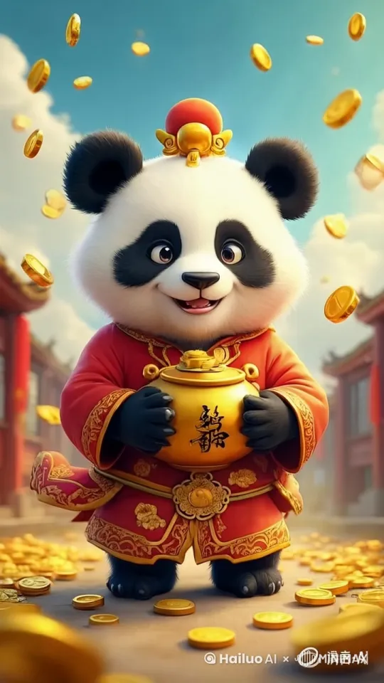 熊猫捧着聚宝盆，从里面洒出无数的金币，边撒边欢快的跳着 by Hailuo AI Video Generator
