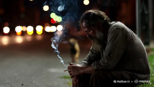 在一片昏暗的路灯下，一个胡子拉碴的男人低垂的头坐在路牙上，左手自然的放在左腿上，右手夹着烟放在右腿膝盖上，一股烟影顺着他的嘴贴着他的脸向上飘去。一条流浪狗慢慢向他走来，顺着流浪狗眼的倒影看去，远处的红绿灯依旧车水马龙，川流不息。 by Hailuo AI Video Generator
