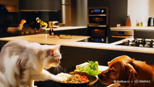 一只猫一只狗在厨房里做饭 by Hailuo AI Video Generator