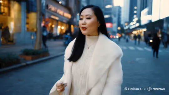 一个30岁左右的中国女子在街道上边走边唱着歌，歌曲名字叫。陪我过个冬。 by Hailuo AI Video Generator