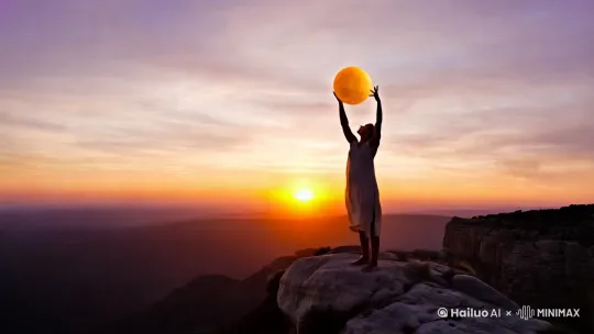 一个人站在悬崖边上，双手托举着金色的太阳 by Hailuo AI Video Generator