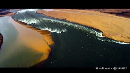 "Aerial view of the Yellow River with nine bends, roaring waves mixed with golden sand, dynamic brushstrokes, traditional Chinese ink painting style" |IMAX、深对比、电影胶片颗粒。 by Hailuo AI Video Generator