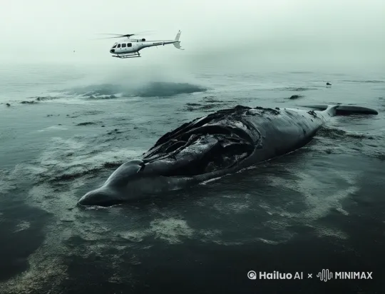直升机向画左飞行，死掉的鲸鱼尸体浮在水面随海浪上下浮动，电影感跟随运镜，荒凉空旷远景 by Hailuo AI Video Generator