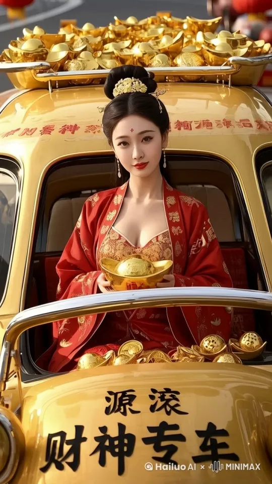 女子面带微笑，向前伸直双臂送上金元宝 by Hailuo AI Video Generator