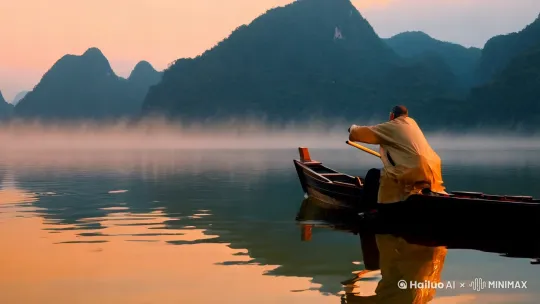 晨雾在湖面洇开琥珀色晕痕。乌篷船头的老渔夫俯身划桨，木橹推碎镜面，波纹如古琴尾韵般漾入黛青色山峦。他忽地直起脊背，蓑衣抖落细碎银光，双臂舒展成白鹤欲飞的弧度——金棕渔网霎时腾空，千万枚水钻在空中凝结成倒悬的伞盖。

蚕丝网坠叮咚入水，惊醒了沉睡的琉璃湖。锦鲤搅动磷火擦过网眼，水纹将天光揉成流动的碎银。渔夫伫立成泼墨山水里的游标，指节缠绕的麻绳正将云絮与霞光缓缓收拢。半山残月尚未褪去，他抖开渔网的动作像展开一卷潮湿的星图，浪花溅起的刹那，有白鹭振翅掠过水面，衔走了最后一缕梦境。

涟漪层层漫开，每个网眼都盛着半枚晃动的山影，仿佛天地正通过这张金线编织的网，把散落的晨光重新缀回人间。 by Hailuo AI Video Generator